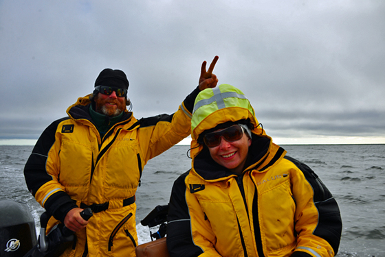 Churchill Wild Guide Andy MacPherson and Vanessa Percival on the way back from beluga whale swim at Seal River Lodge
