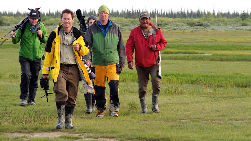 George Kourounis (yellow jacket) and crew at Nanuk Polar Bear Lodge.  Photo by Zorianna Kit.