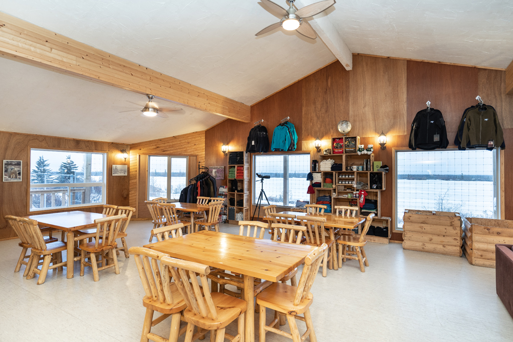 Dining room at Dymond Lake Ecolodge sits quiet while guests are out walking with polar bears. Scott Zielke photo.