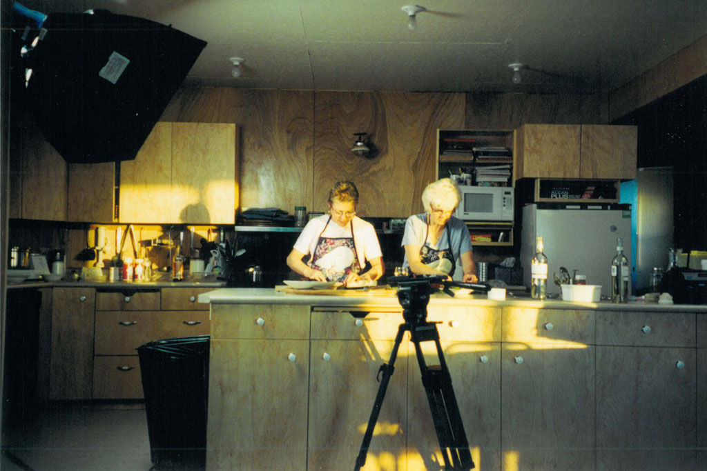 Early days! Marie and Helen on set at Dymond Lake Ecolodge for the Great Canadian Food Show in the 1990s.