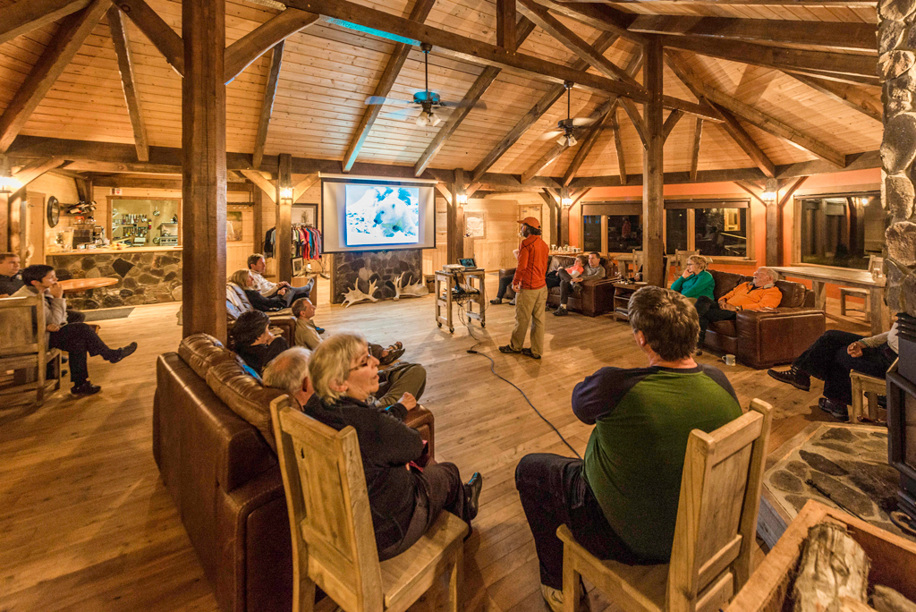 Evening presentation in the lounge at Nanuk Polar Bear Lodge.