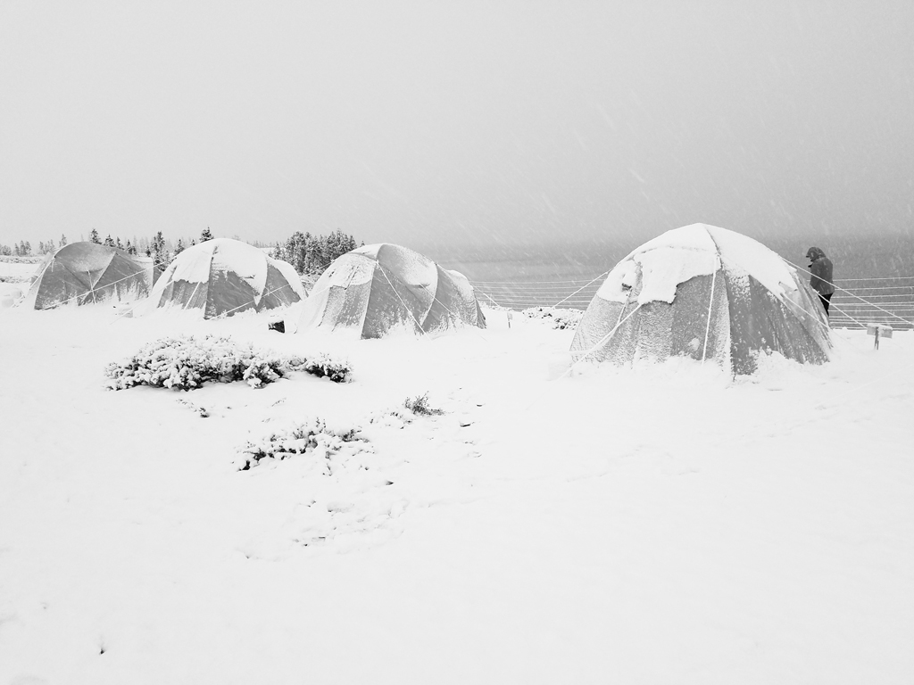 Surprise snowstorm. Tundra Camp at Schmok Lake. Jad Davenport photo.