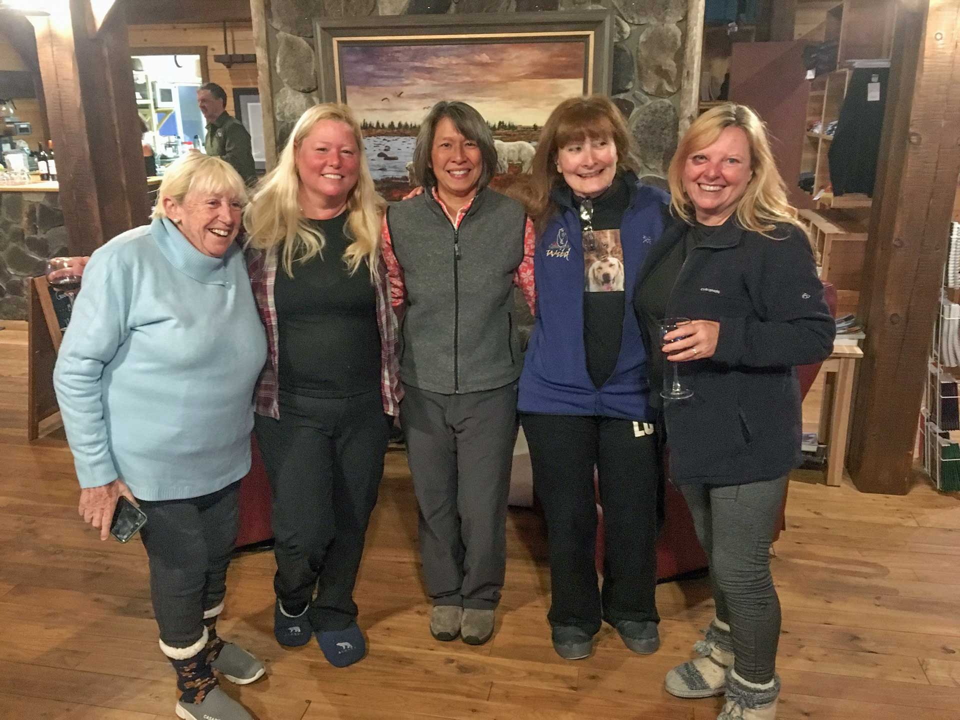 Gillian and friends at Nanuk Polar Bear Lodge. L to R, Lily Frechet, Ruth Elwell-Steck, Virginia Huang, Eliane Cloose-Yamaguchi, Gillian.