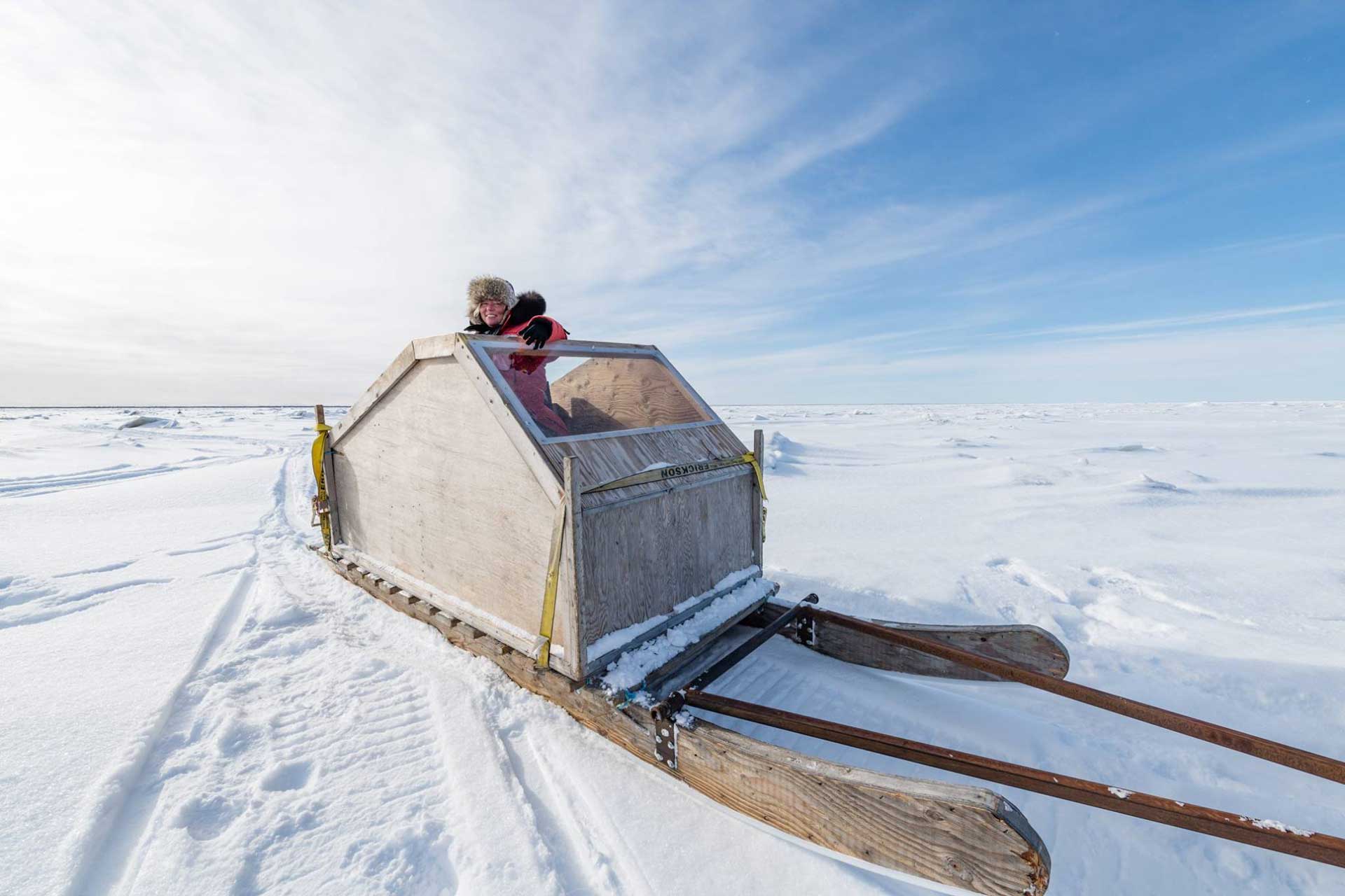 Gillian on the Hudson Bay sea ice at Nanuk. Ready to roll!