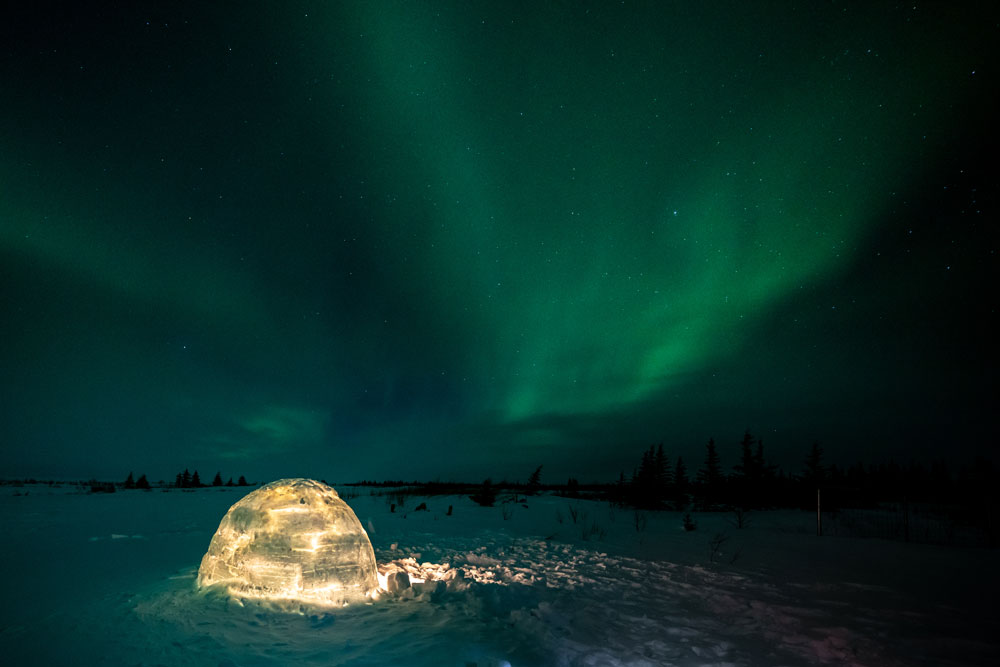 Under the northern lights. Nanuk Polar Bear Lodge. Christoph Jansen photo.