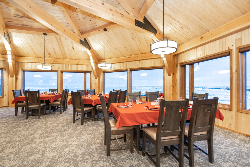 New timber frame dining room at Seal River Heritage Lodge. Scott Zielke photo.