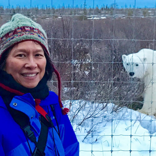 Dr. Virginia Huang and friend on the Great Ice Bear Adventure at Dymond Lake Ecolodge.