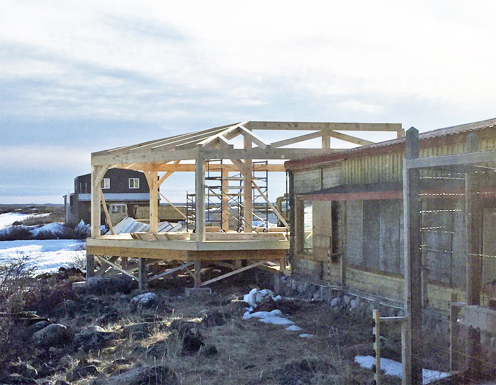 New timber frame lounge under constructions at Seal River Heritage Lodge.