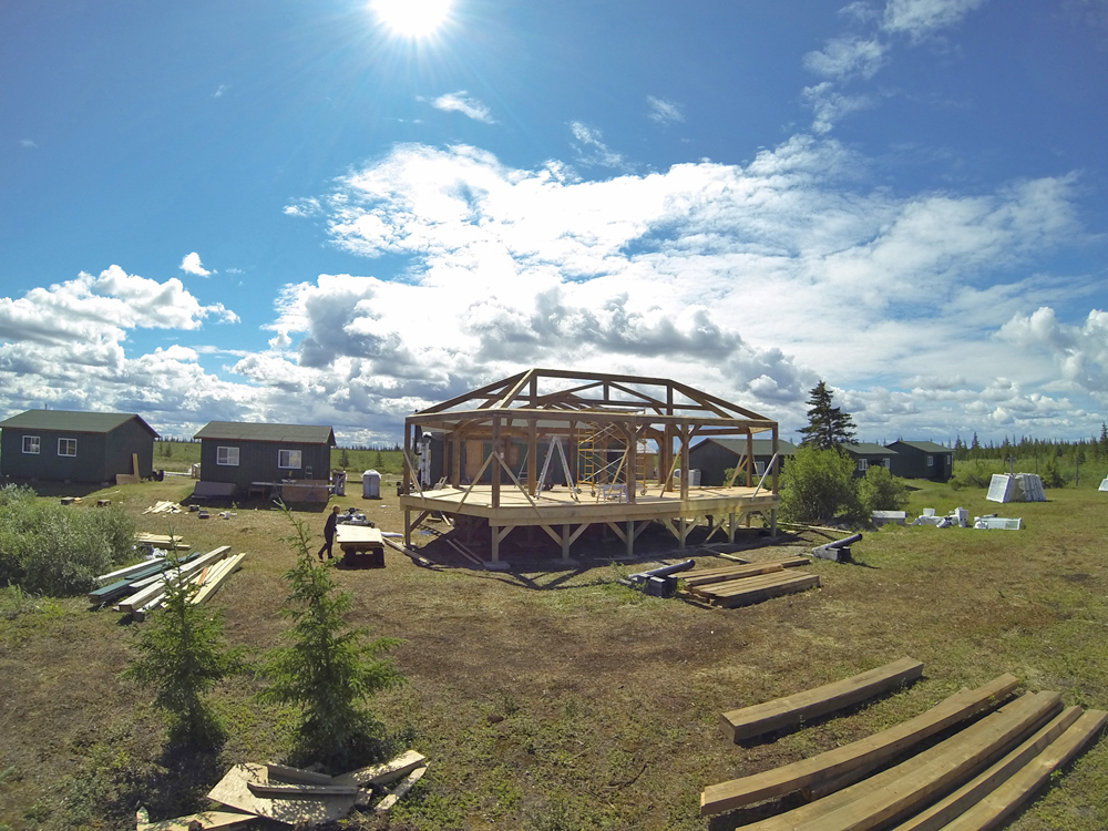 New timber frame lounge under construction at Nanuk Polar Bear Lodge in 2013.