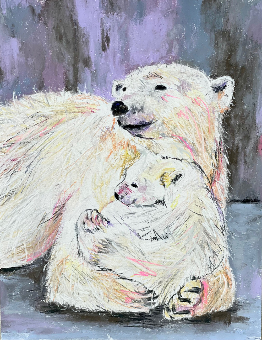 Pastel polar bear mom and cub. Artist - Amy Pink.