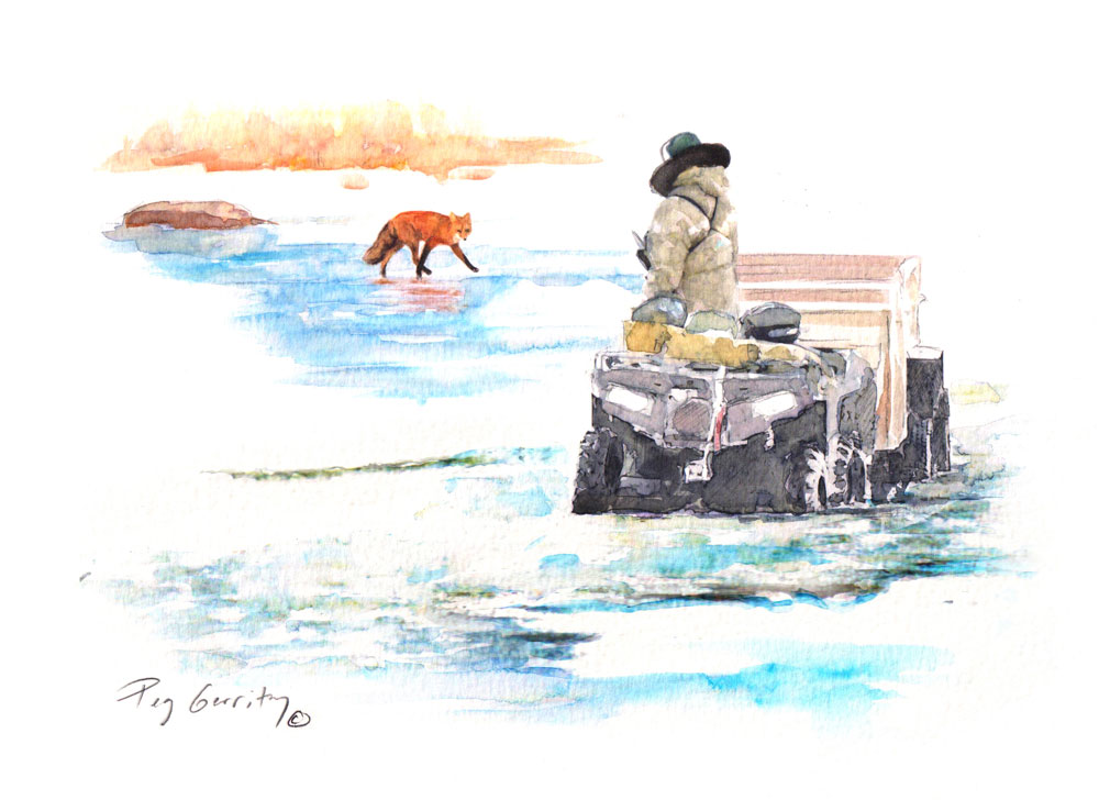 Churchill Wild guide Karla Kuharic and red fox at Nanuk Polar Bear Lodge. Painting by Peg Gerrity.