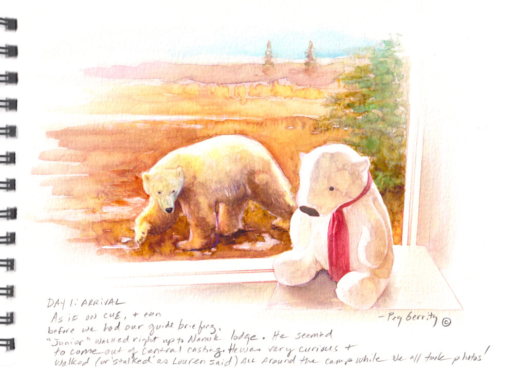 Junior the polar bear greets guests at Nanuk Polar Bear Lodge. Painting by Peg Gerrity.