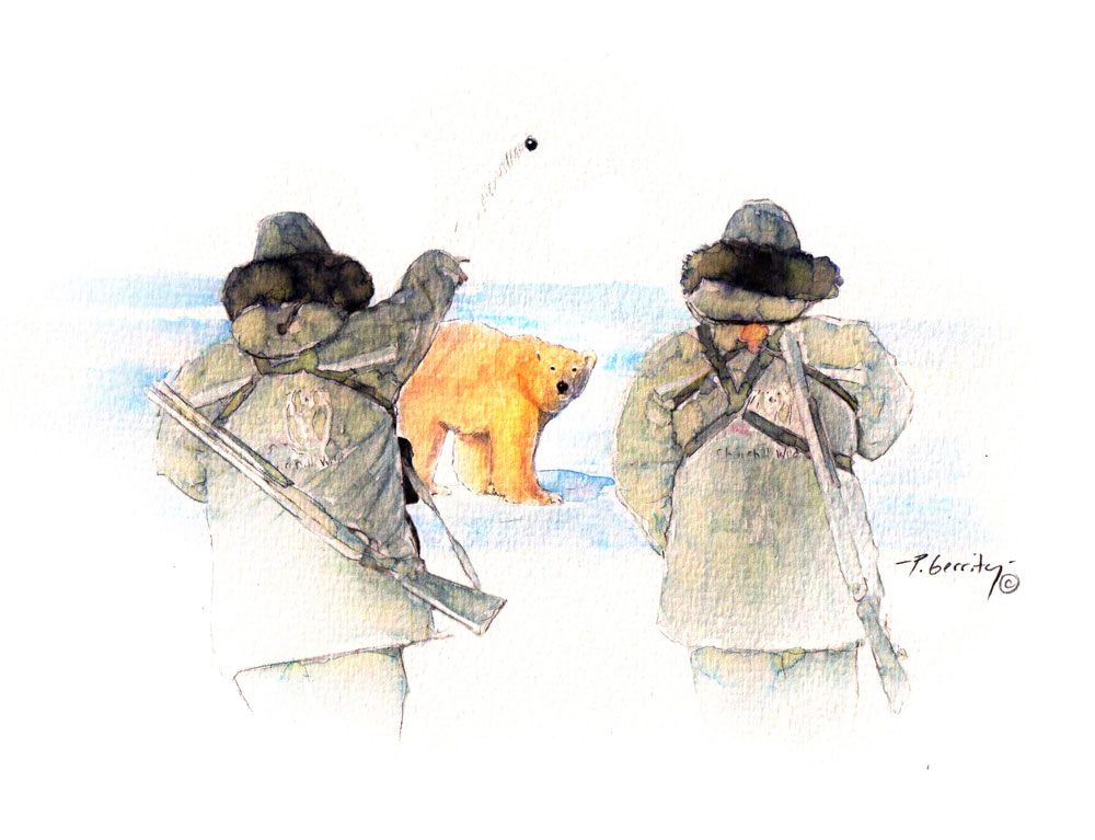 Rock toss towards polar bear at Nanuk Polar Bear Lodge. Painting by Peg Gerrity.
