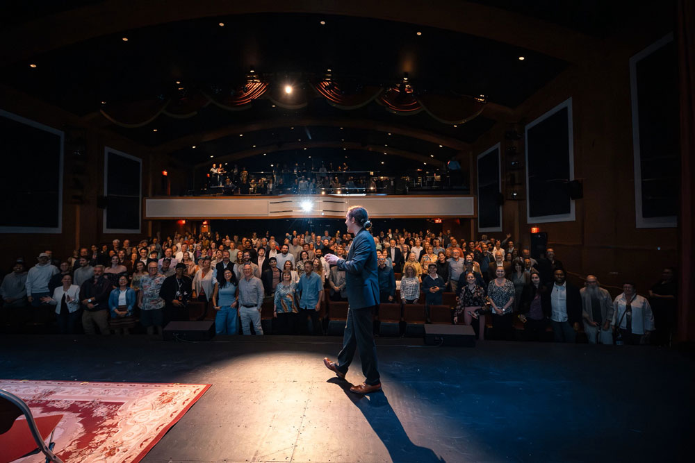 Tomas Koeck addresses sold-out crowd at Flyway of Life premiere. Jackson Sokoloski photo.