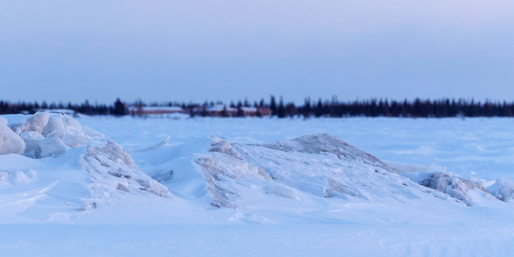 View of Churchill Wild's Nanuk Polar Bear Lodge from the Hudson Bay ice. Cloud Wolves of the Kaska Coast safari. March 2026. Ellen Zangla photo.