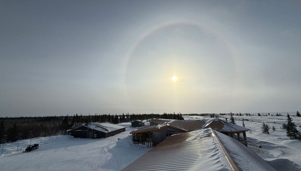 Sundog as seen from the viewing tower at Churchill Wild's Nanuk Polar Bear Lodge. Cloud Wolves of the Kaska Coast safari. March 2026. Ellen Zangla photo.