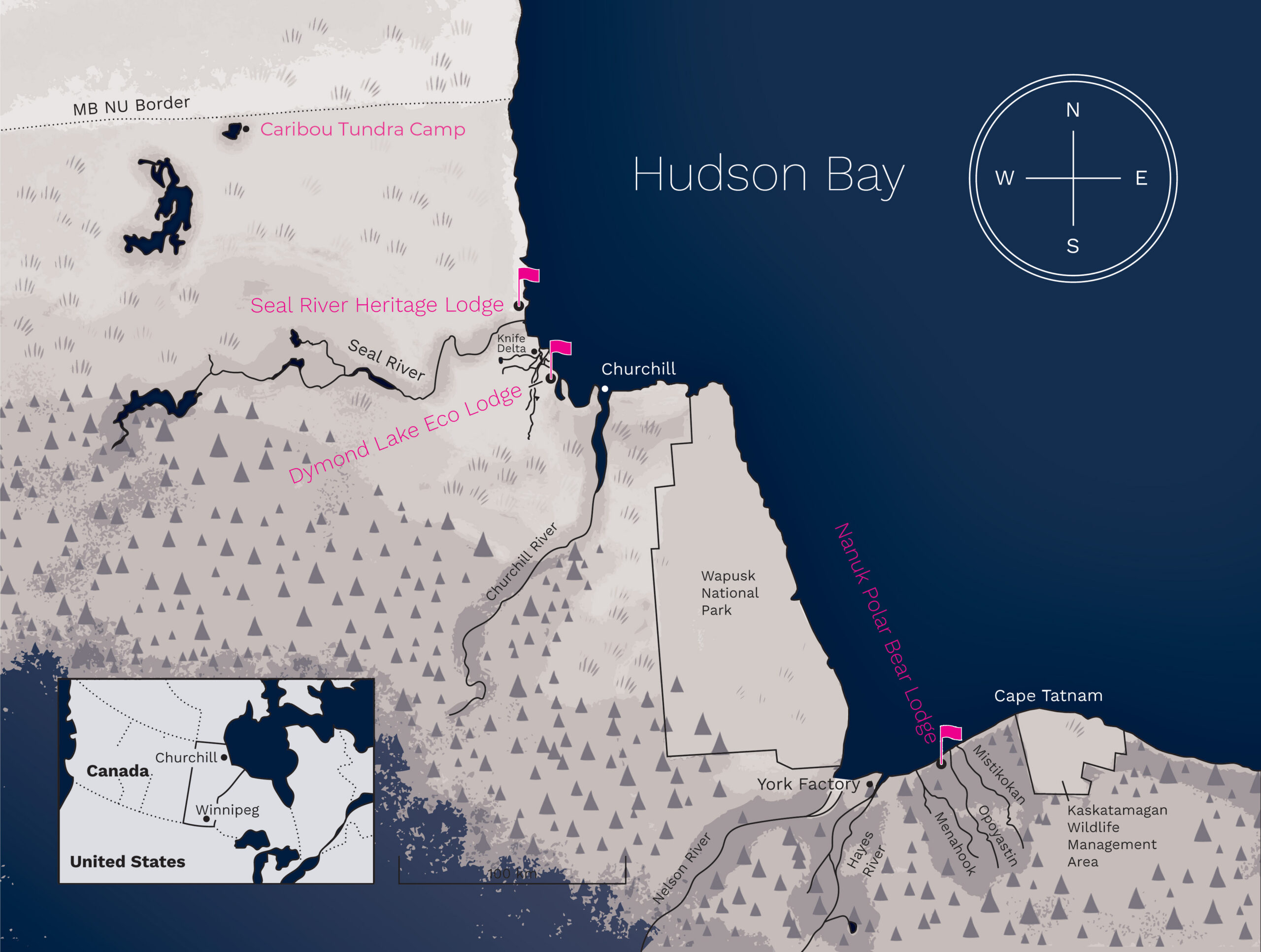 Churchill Wild's remote ecolodge locations on Hudson Bay 