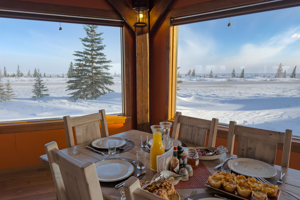 View of the snowy landscape at Nanuk Polar Bear Lodge through the dining room windows. Fabienne Jansen / ArcticWild.net photo.